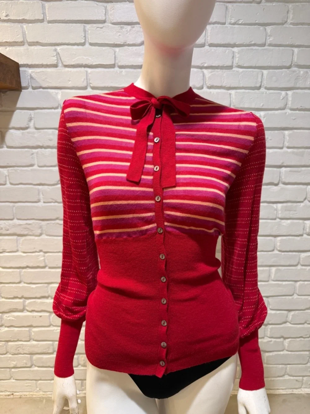 Free People Red Stripe Tie Neck Sweater S NWOT Boho Knit Blouse - Picture 10 of 14